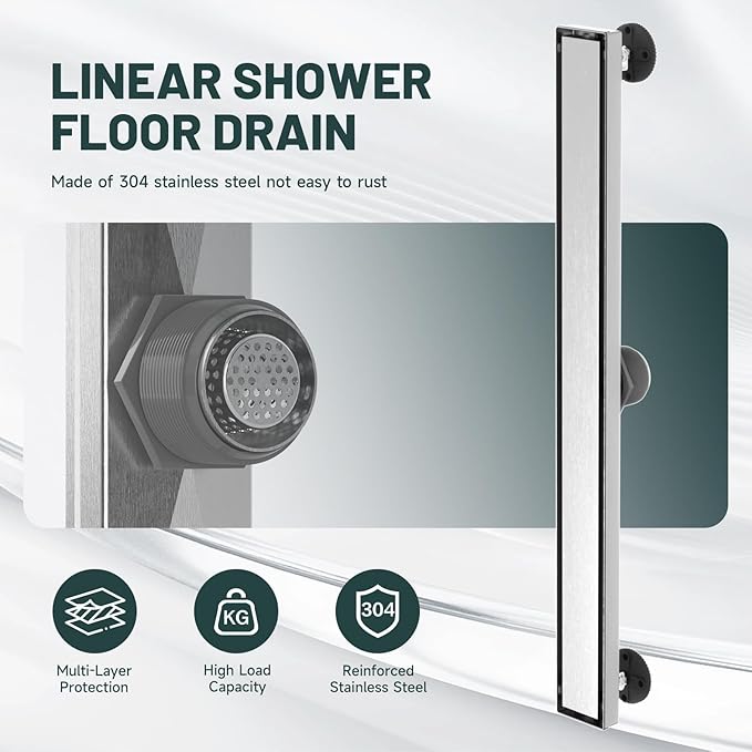 28-Inch Linear Shower Floor Drain, Stainless Steel Bathroom Floor Drains, Rectangular Shower Trench Floor Drain, Hair Strainer, Brushed Nickel