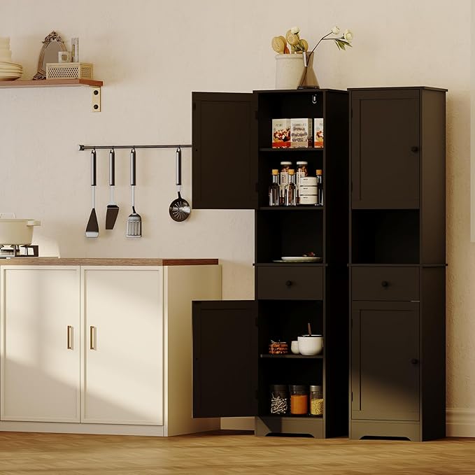 Tall Bathroom Cabinet, Storage Cabinet with 2 Doors & 2Drawer, with Ajustable Shelve, for Bathrooms, Kitchens,Entrances,Bedrooms（Black）