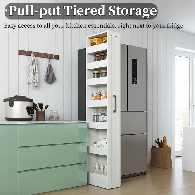 JOYSOURCE Tall Narrow Pull-Out Storage Shelf with Wheels 7-Tier Slim Rolling Storage Spice Rack Next to Fridge Utility Cart Single-Sided for Small Spaces, Kitchen, Laundry Room, Bathroom White