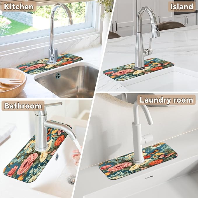 Vivid Flora Butterfly Blend Kitchen Faucet Mat Splash Guard, 15.4”x5.7” Absorbent Quick Drying Sink Mat for Countertop Protection, Draining Mat Sink Protectors For Kitchen Bathroom, 2 Pack