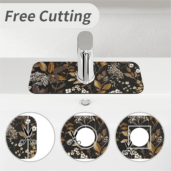 Kitchen Sink Splash Guard，small-flowers and leaves- Faucet Mat Sink Gadgets-Super Absorbent Fast Drying Mat Drip Catcher for Kitchen, Bathroom,Sink Mat, Dish Drying Mat, Bathroom(15" X 5.5" )