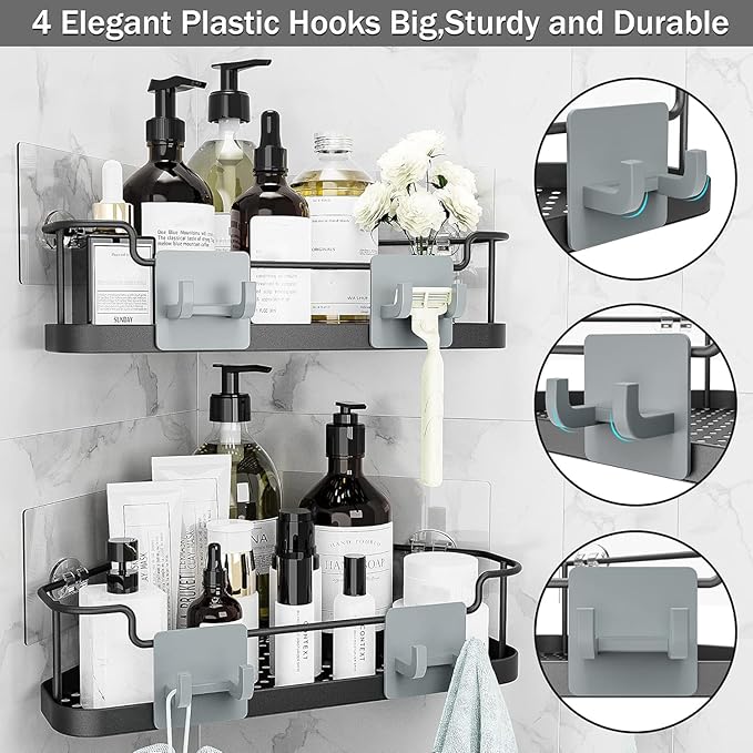 Orimade Corner Shower Caddy Organizer Basket with Hooks Adhesive No Drilling Wall Mount Bathroom Shelf Shampoo Holder Storage Rack Rustproof, 2 Pack-Black, Only for 90-Degree Corner