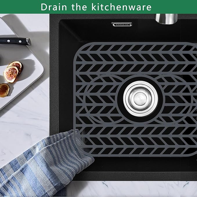 GUUKIN Sink Protectors for Kitchen sink, 13 5/8" x 11 5/8" Folding Non-slip Silicone Mat Grid for Bottom of Farmhouse Stainless Steel Porcelain Sink with 3 Reserved Holes