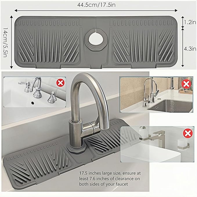 Silicone Kitchen Sink Protector Mat 17.5 Inch - Non-Slip Faucet Mat with Splash Guard Behind Faucet, Drip Catcher & Sponge Holder | Sink Accessories for Bathroom & Kitchen (Gray)