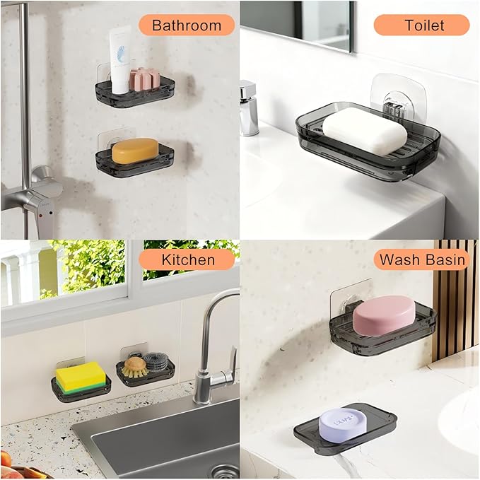 Soap Dish for Shower Semi-Transparent Gray with Self-Draining Design - No Drilling Required Strong Adhesive Mount for RV Bathroom and Kitchen Easy to Clean（Transparent Gray）