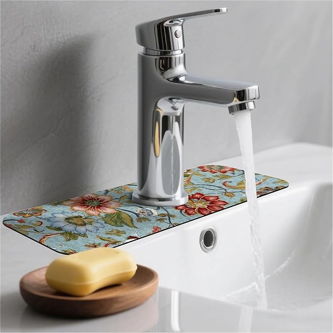 Kitchen Sink Splash Guard，large flowers and leaves Faucet Mat Sink Gadgets-Super Absorbent Fast Drying Mat Drip Catcher for Kitchen, Bathroom,Sink Mat, Dish Drying Mat, Bathroom(15" X 5.5" )