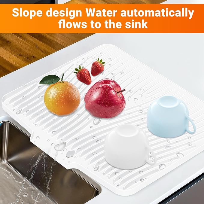 Silicone Dish Drying Mat for Kitchen Counter, Dish Drying Pad, Non-Slip Drain Pad with Built-in Drain, Heat Resistant Stone Drying Mat, Ivory-19.7" x 17"
