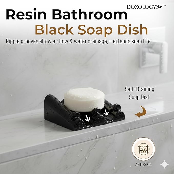 DOXOLOGY Black Marble Soap Dish Bathroom Organizer - Resin Soap Dish with Rectangular Design 3.7" L x 2.8" W - Self Draining Soap Dishes Keeps Countertop Neat - Marble Look Soap Tray for Sink
