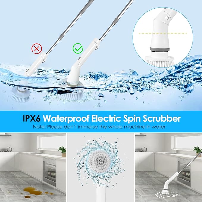 Electric Spin Scrubber,Cordless Cleaning Brush with 6 Replaceable Brush Heads,Electric Cleaning Brush Up to 400RPM Powerful Cleaning,Power Shower Scrubber for Bathroom,Kitchen, Floor,Tile,Car