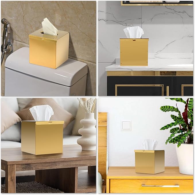 Sumnacon Tissue Box Cover Square Stainless Steel Tissue Box,Wall Mount Tissue Box Holder with Srews,Stylish Tissue Holder for Bathroom Toilet Bedroom Living Room Kitchen Table Desk Office, Gold