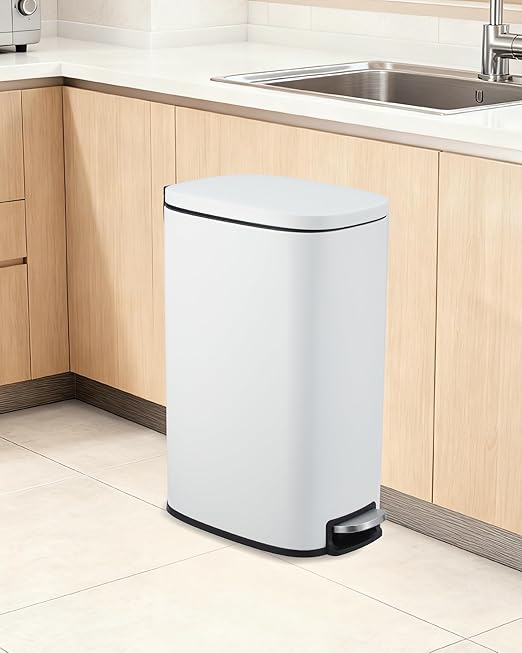 3.2 Gallon / 12 Liter Trash Can Stainless Steel Garbage Can with Removable Inner Bucket for Offices, Hands-Free Kitchen Step Trash Can for Kitchen & Bathroom, White