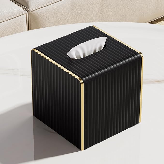 Tissue Box Cover,Black Square Luxury PU Leather Tissue Holder with Gold-Tone Edging Accents,Tissue Box Cover for Bathroom Toilet Bedroom Living Room Table Desk Office,Coffee Table Decor