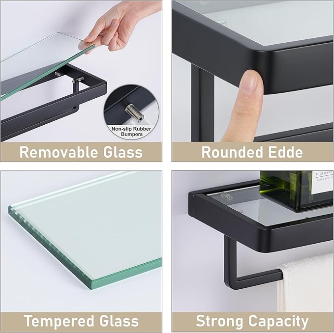 Floating Glass Shelves for Bathroom 20-in with Towel Bar/Tempered Glass Rectangular 1 Tier Organizer Shelf (Matte Black, 20'')