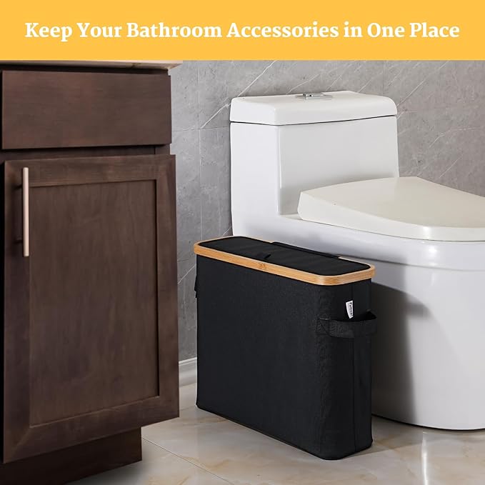 Toilet Paper Storage Basket with Lid, Bamboo Toilet Paper Storage Holder Stand Organizer for Bathroom, Toilet Paper Storage Box Container with Handle, Tissue Storage Bin for Small Place Closet, Black