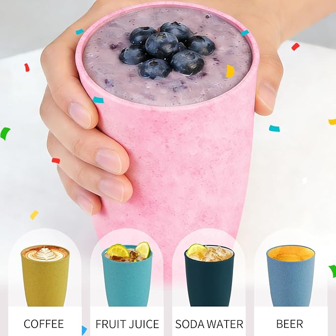 12oz Wheat Straw Cups, 6-Pack - Thickened Reusable & Microwave Safe, Dishwasher Friendly Eco-Cups for Home & Kitchen