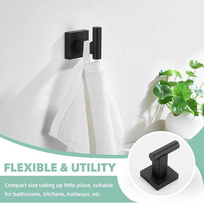Suyar Bathroom Accessories Set, SUS 304 Stainless Steel Bathroom Hardware Set 4 PCS, Include Robe Hook, Toilet Paper Holder, Hand Towel Holder, Towel Bar, Matte Black