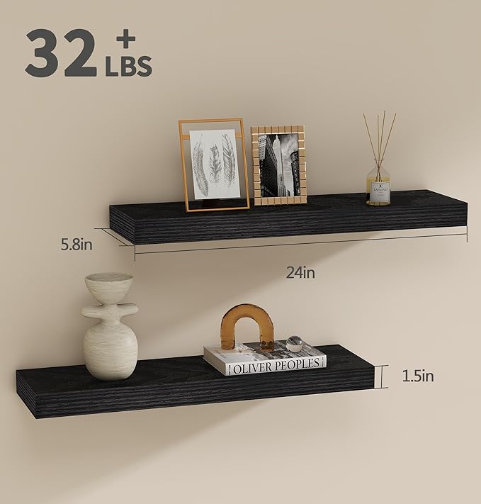 Vervida® Floating Shelves for Wall 2 Set of 24 W x 5.8" D for Kitchen, Living Room,Bathroom,Office,Bedroom Storage Shelves for Home Decor with Invisible Brackets Black Shelves for Wall Storage