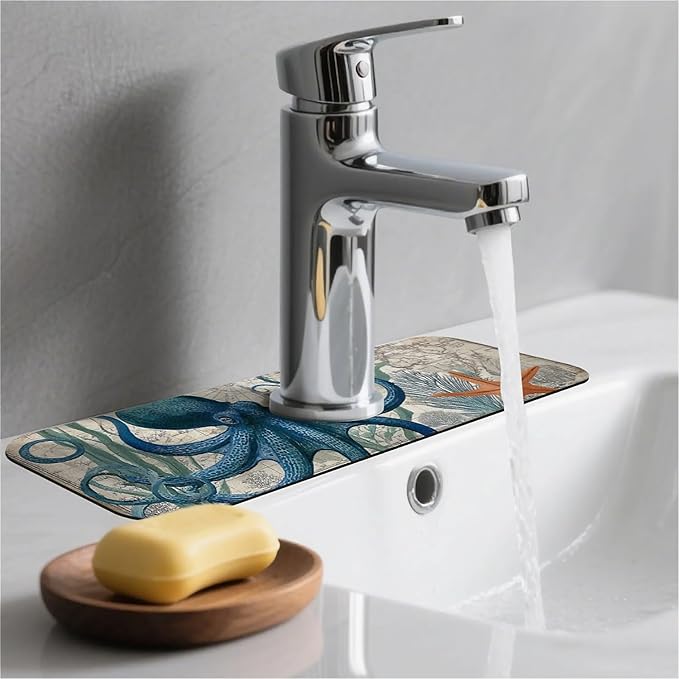 Kitchen Sink Splash Guard，Blue-octopus Faucet Mat Sink Gadgets-Super Absorbent Fast Drying Mat Drip Catcher for Kitchen, Bathroom,Sink Mat, Dish Drying Mat, Bathroom(15" X 5.5" )