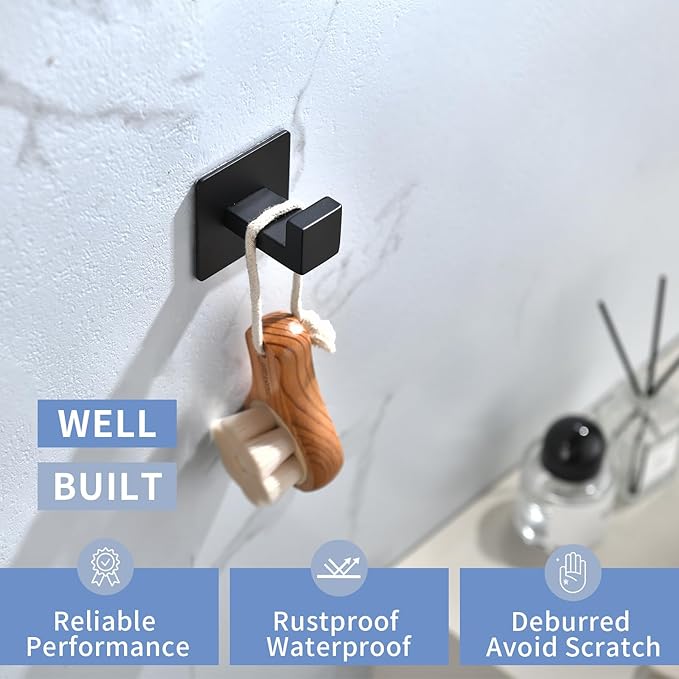 Matte Black Adhesive Hooks, 2-Pack Stainless Steel Right Angle Hooks for Towels, Robes, Hats - No Drill Bathroom & Kitchen Organization, Rust-Proof for Smooth Surfaces