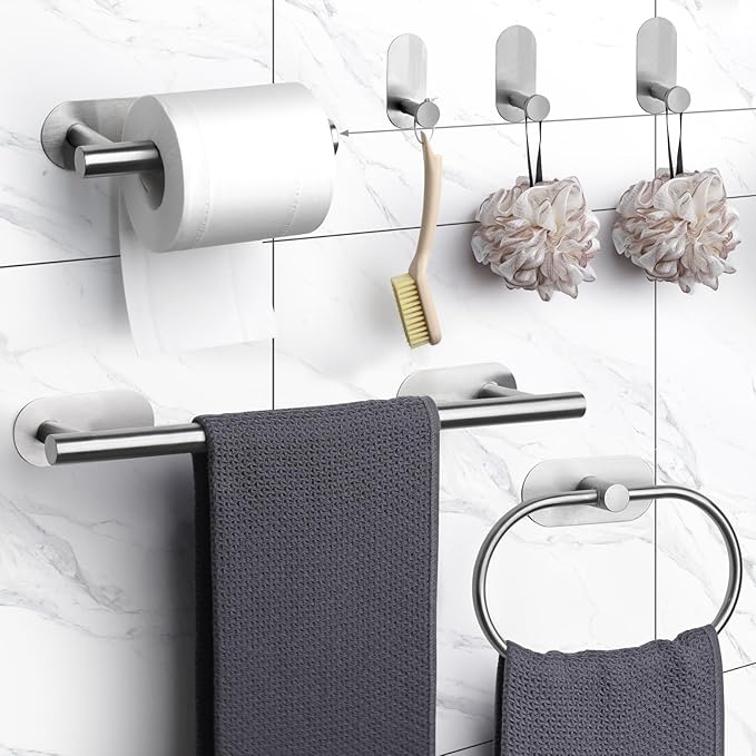 JiGiU Self Adhesive Towel Bar, Bathroom Hardware Set Include 16-Inch Bath Towel Bar,Toilet Paper Holder Towel Ring & 3 Packs Towel Hooks Stainless Steel Wall Mount No Drill Sticky on Towel Holder Kit