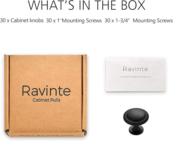 Ravinte 30 Pack 1-1/4 inch Matte Black Zinc Euro-Style Cabinet Knobs, Drawer Pulls & Door Handles