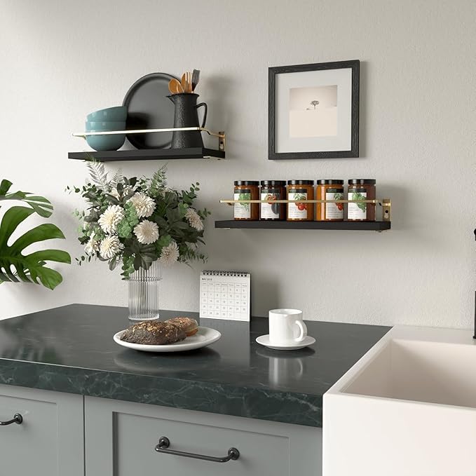 RICHER HOUSE Bathroom Floating Wall Shelf Set of 2 - Guard-Rail Small Wood Shelves for Decor, Over Toilet Storage, Kitchen Organizer - Black Gold