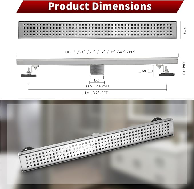 Sharp-tec 24 inch Linear Shower Drain, Brushed Rectangular Floor Drain, V-Shape Design Drain Channel, 304 Stainless Steel, cUPC Certificated for Bathroom Shower (Drain Base is Not Included)