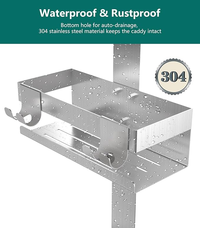 Emibele Over The Door Shower Caddy 2 Tier, 304 Stainless Steel Hanging Shower Caddy Rustproof Shower Shelves, No Drilling Hanging Shower Organizer for Bathroom Glass Door, Silver