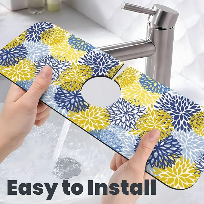 Dahlia Floral Colorful Flower Kitchen Sink Splash Guard Faucet Mat Super Absorbent Fast Drying Mat Sink Gadgets-Fast Drying Pad Sink Mat For Kitchen Bathroom (15" X 5.5" )