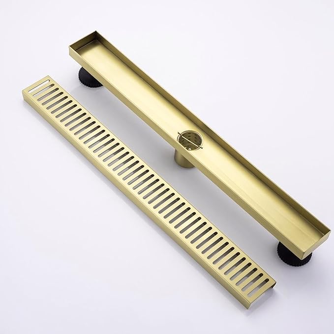 12 Inch Linear Shower Drain Bathroom Kitchen Golden Floor Drain Removable Capsule Pattern Cover Accessories Shower Drain 304 Stainless Steel Drain with Hair Strainer Adjustable Leveling Feet