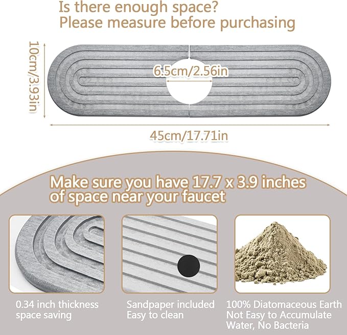 Stone Fucet Mat for Kitchen Sink, Fast Drying Stone Sink Tray Kitchen Faucet Splash Guard Sink Faucet Absorbent Mat for Bathroom Fucet Sinks17.7" x 3.9",Light Grey