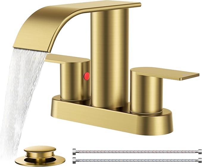 FORIOUS Brushed Gold Bathroom Sink Faucet, Waterfall 4 Inch Centerset Bathroom Faucets with Metal Pop up Drain and cUPC Hose for Basin, Vanity, RV, Lavatory 2 or 3 Hole Sink