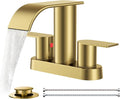 FORIOUS Brushed Gold Bathroom Sink Faucet, Waterfall 4 Inch Centerset Bathroom Faucets with Metal Pop up Drain and cUPC Hose for Basin, Vanity, RV, Lavatory 2 or 3 Hole Sink