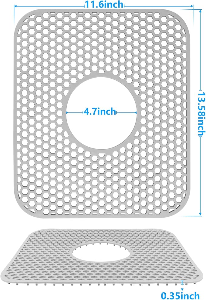 Sink Protectors for Kitchen Sink,2 PCS Silicone Kitchen Mat 13.58"x11.6",Non-Slip Bottom Guard Compatible with Farmhouse/Stainless Steel/Porcelain(Grey, Ceter Drain)