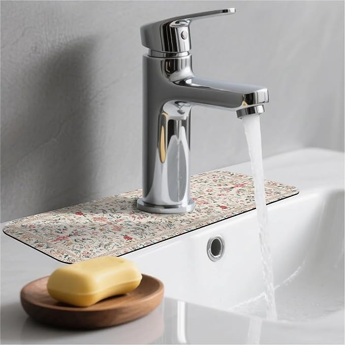 Kitchen Sink Splash Guard，Retro pastel floral Faucet Mat Sink Gadgets-Super Absorbent Fast Drying Mat Drip Catcher for Kitchen, Bathroom,Sink Mat, Dish Drying Mat, Bathroom(15" X 5.5" )
