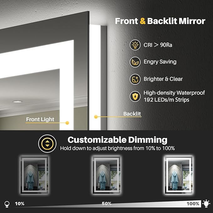 20"x28" LED Bathroom Mirror with Lights, Backlit & Front Lit, Anti-Fog Lighted Bathroom Vanity Mirror for Wall, Memory Function, Dimmable, HD Tempered Glass, Shatter-Proof