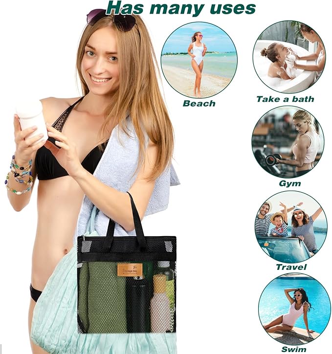 KALIONE Mesh Shower Caddy Bag, Portable Gym Shower Bag, Quick Dry Hanging Toiletry and Bath Organizer with Zipper for College Dorm, Gym, Yoga, Swimming Pool, Travel(Black)