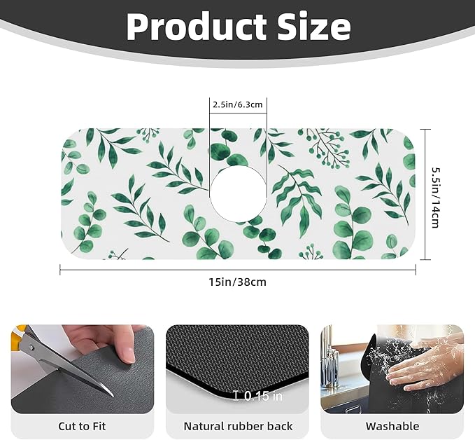 Watercolor Plant Green Leaves Dish Drying Mat for Kitchen Counter, 18"x24" Microfiber Absorbent Fast Dry Mat, 2Pcs Dish Mat Faucet Mats Sets, Large Drying Kitchen Mat Kitchen Drying Pad