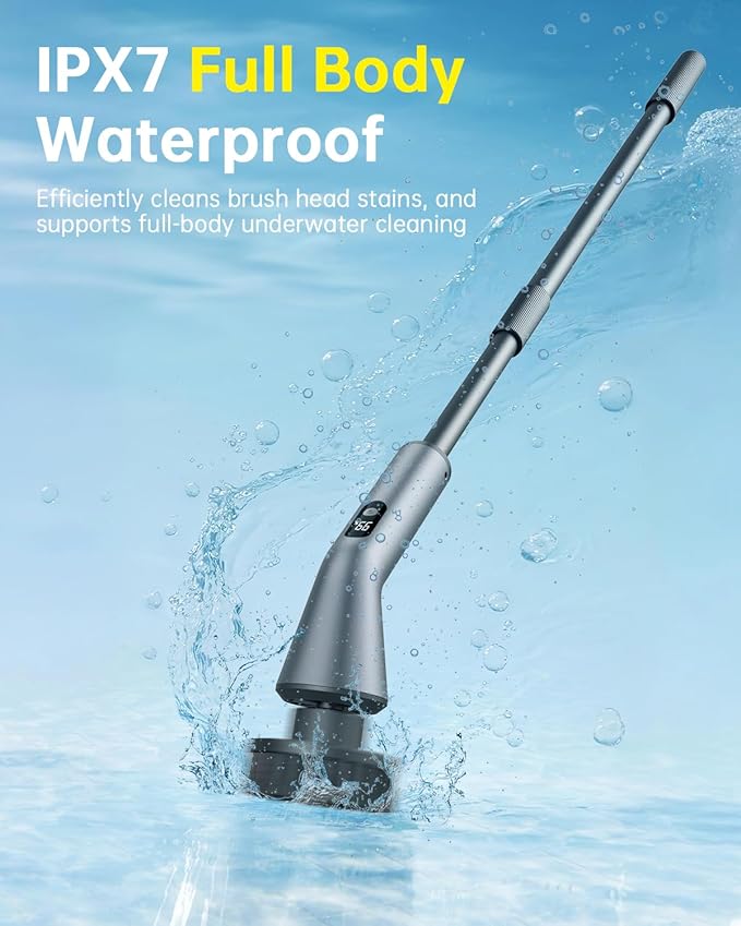 VICNOVA Electric Spin Scrubber, IPX7 Waterproof 2-Speed, Extendable Long Handle Cordless Cleaning Brush with 7 Replacement Brush Heads for Bathroom Car Shower Bathtub Glass Tub Tile Floor