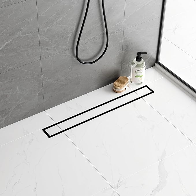 Neodrain 24-Inch Matte Black Linear Shower Drain, 2-in-1 Flat & Tile Insert Cover, Stainless Steel Linear Drain,Rectangle Shower Floor Drain with Hair Strainer, Shower Drain Base
