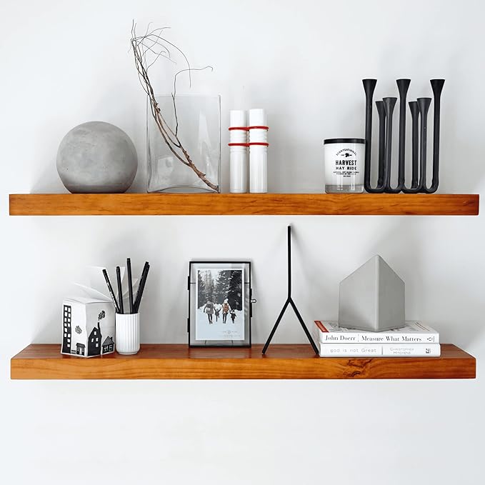 Homeforia Oak Floating Shelves 36 inches Long, High End Solid Real Wood 36 inch Floating Shelf for Room Wall, Honey Oak Wooden 36inch Kitchen Shelves, Heavy Duty Bracket, 36 X 6.5 X 1.75 in, Set of 2