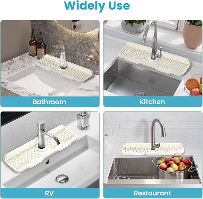 Silicone Faucet Mat Splash Guard, Sink Protectors for kitchen Faucet Mat, 17.1 x 5.9 Inch, Sink Splash Guard Behind the Faucet, Keep Kitchen and Bathroom Sinks Dry (Beige B)