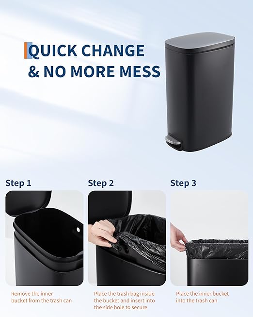 3.2 Gallon / 12 Liter Trash Can Stainless Steel Garbage Can with Removable Inner Bucket for Offices, Hands-Free Kitchen Step Trash Can for Kitchen & Bathroom, Black