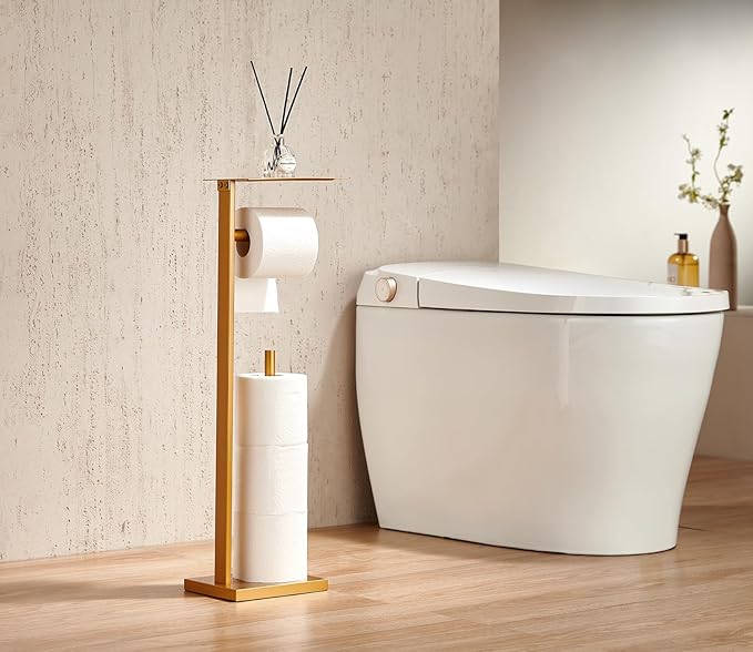 Miyili Bathroom Lavatory Toilet Paper Holder with Shelf Stainless Steel Freestanding Toilet Tissue Roll Holder Square Style Gold, F04G2