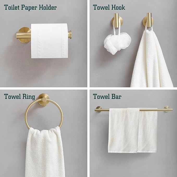 5Pcs Bathroom Hardware Set, Towel Racks for Bathroom Wall Mount, Stainless Steel Towel Bar Set with Toilet Paper Holder Hand Towel Holder Robe Hook Accessory Kit, Brushed Gold