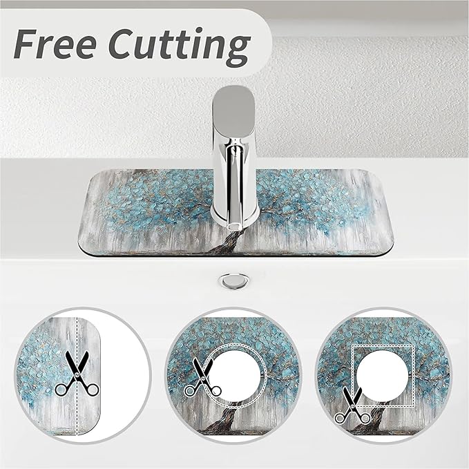 Kitchen Sink Splash Guard，light blue tree Faucet Mat Sink Gadgets-Super Absorbent Fast Drying Mat Drip Catcher for Kitchen, Bathroom,Sink Mat, Dish Drying Mat, Bathroom(15" X 5.5" )