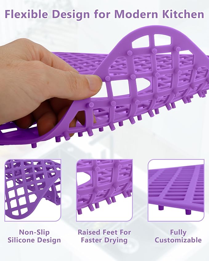 2 Pack Silicone Sink Protector for Kitchen Sink, Lozenge Pattern 12 x 11" Sink Grid Mat Silicone Protectors, Center Drain, Purple