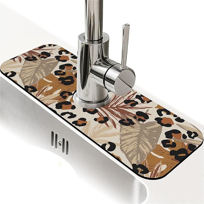 Kitchen Sink Splash Guard，Tropical leaves leopard print Faucet Mat Sink Gadgets-Super Absorbent Fast Drying Mat Drip Catcher for Kitchen, Bathroom,Sink Mat, Dish Drying Mat, Bathroom(15" X 5.5" )