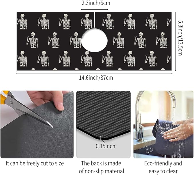 Absorbent Splash Guard Mat for Kitchen Sink, 15×5.5 Inch Cute Fast Drying Drip Catcher Behind Faucet Mat, Non-Slip, Washable Sink Mat Gadgets for Bathroom, Kitchen, Bar Cute Skeleton