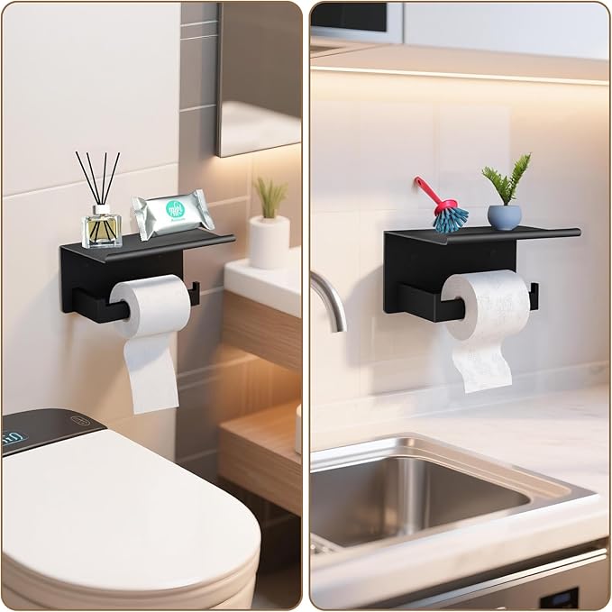 Black Toilet Paper Holder with Shelf, Wall Mount Bathroom Tissue Roll Holder Organizer, Modern Storage Shelf for Phone, Book, Plant, Extra Roll, Matte Black Finish, Easy Install